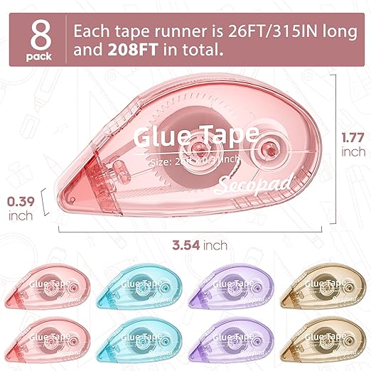 8 Pack Scrapbook Tape, Double Sided Tape for Crafts, Adhesive Glue Runner for Scrapbooking Journaling Supplies, Glue Roller for Kids and Adults School Office Teacher Supplies, 0.3IN x 26FT