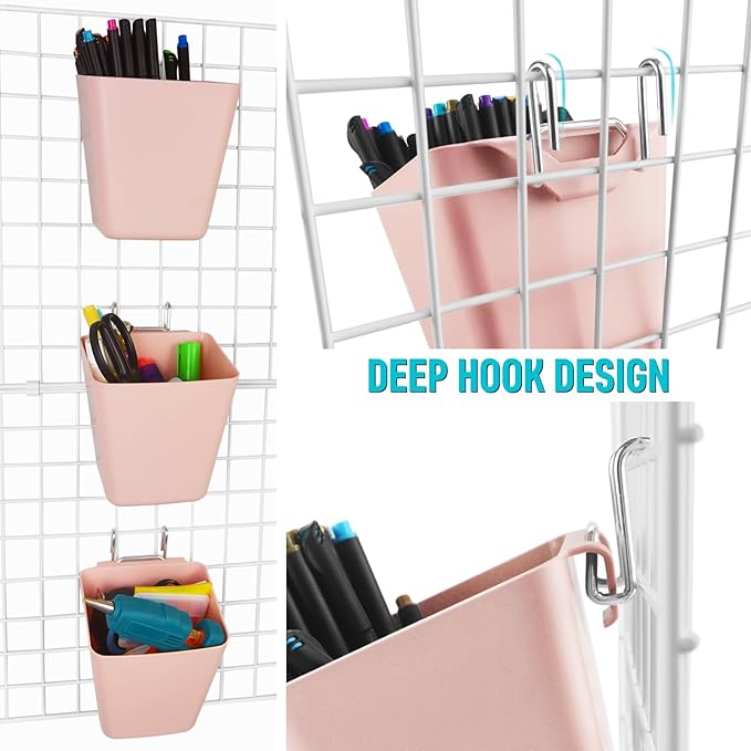 G.CORE Large Grid Wall Bins - 6Pack Pink Gridwall Accessories Hanging Cups with Back Hooks - Plastic Grid Wall Panels Organizers Wire Shelves Holders for Garage Garden Craft Office Tools Storage