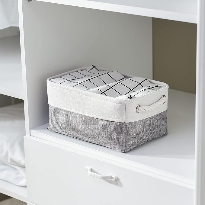 TheWarmHome Organization and Storage Basket for Shelves - 12x8x5.2 inch 1 Pack Fabric Storage Cubes, Collapsible Storage Bins for Closet Organizer Gift Cloth Toy (White & Grey)