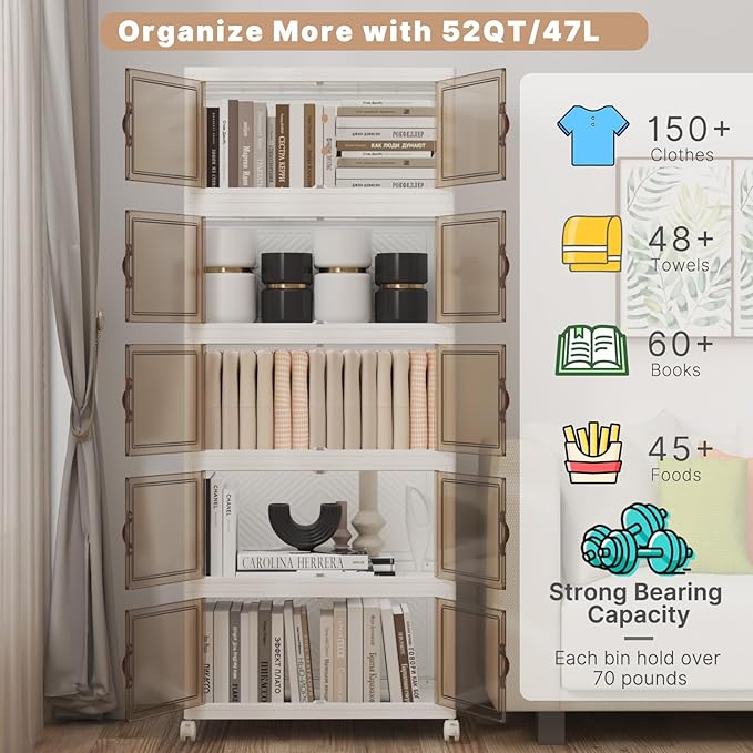 Extra Large Stackable Storage Bins with Lids & Wheels, Foldable Collapsible Closet Organizers Storage Cabinet with Doors for Bedroom Dorm (White, 275QT-55QT/14GAL*5Pack)