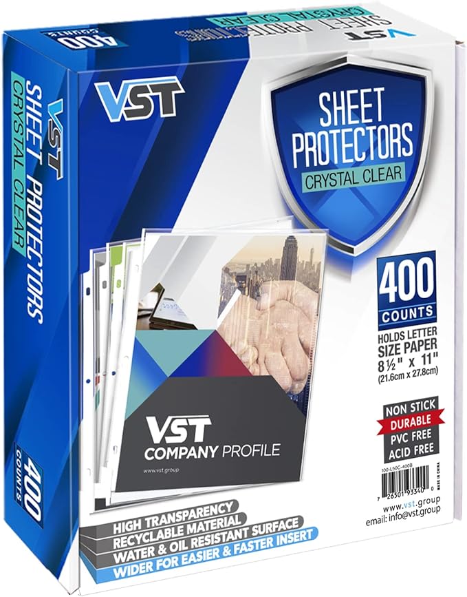 VST Sheet Protectors 8.5 x 11 Inch for 3 Ring Binder, Crystal Clear Page Protectors, Medium Weight Plastic Sleeves, Top Loading Paper Protector Acid Free, Letter Size, Dry Erase Pocket, 400 Sheets