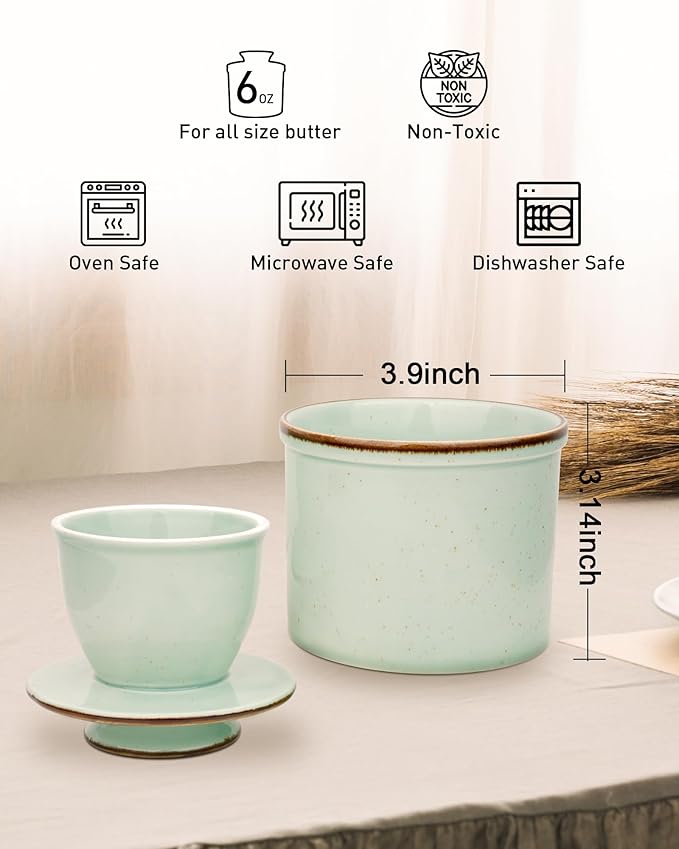 French Butter Dish, Butter Crock for Counter with Water Line, Ceramic Butter Keeper for Spreadable Butter - Chrismas Home Kitchen Decor - Reactive Glaze Collection - Green