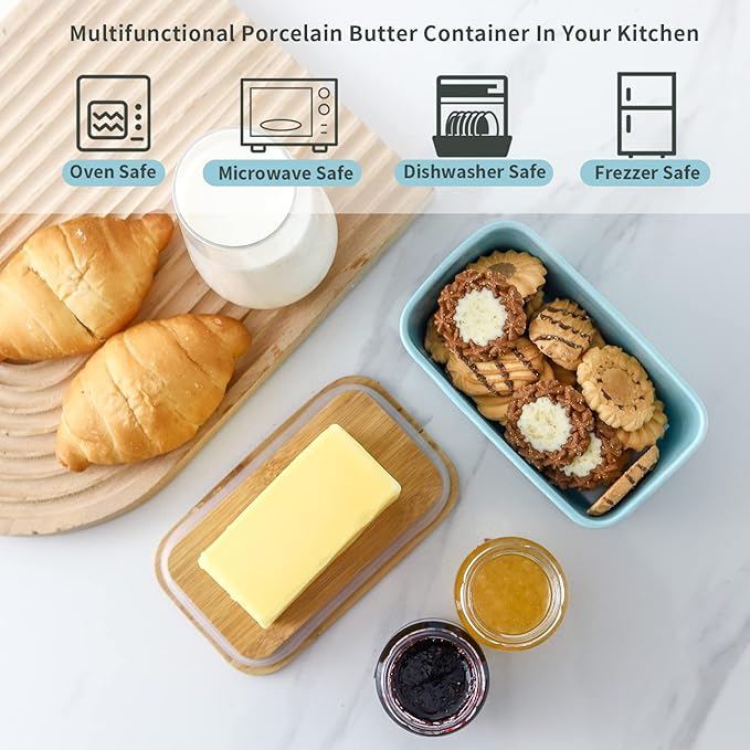 Hasense Farmhouse Butter Dish with Lid for Countertop, Butter Keeper & Holder, Butter Container for Fridge with Wooden Freshness Seal, Enhance Kitchen Decor, Holds Two Sticks of Butter, Turquoise