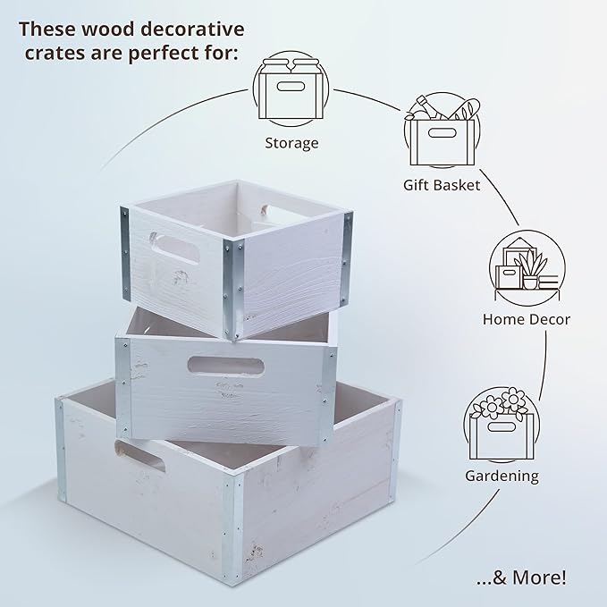 wald imports - Set of 3 Rustic Whitewash Wooden Crates for Storage - Decorative Wooden Crate Set for Home Decoration & Display - Vintage Storage for Household Goods