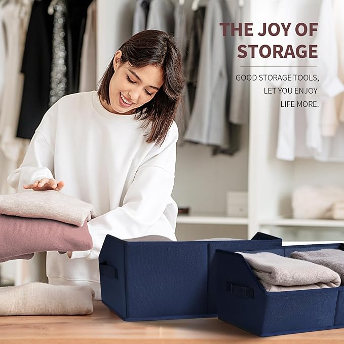 Closet Baskets for Shelves Trapezoid - Decorative Storage Baskets with Handle, Closet Bins for Organization, Shelf Storage Bins for Clothes, Books, Home, Office, 4 Pack, Navy Blue