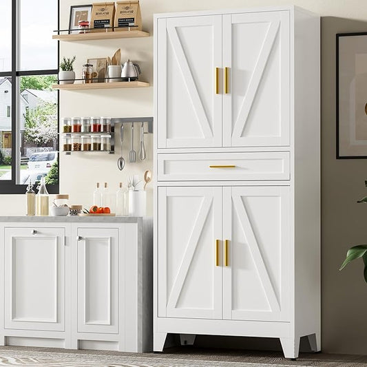 71" Tall Metal Storage Cabinet with Adjustable Shelves,Farmhouse Kitchen Pantry Cabinet with 2 Barn Doors and Drawer,Large Storage Cabinets for Dining Room,Bathroom,Living Room(White)