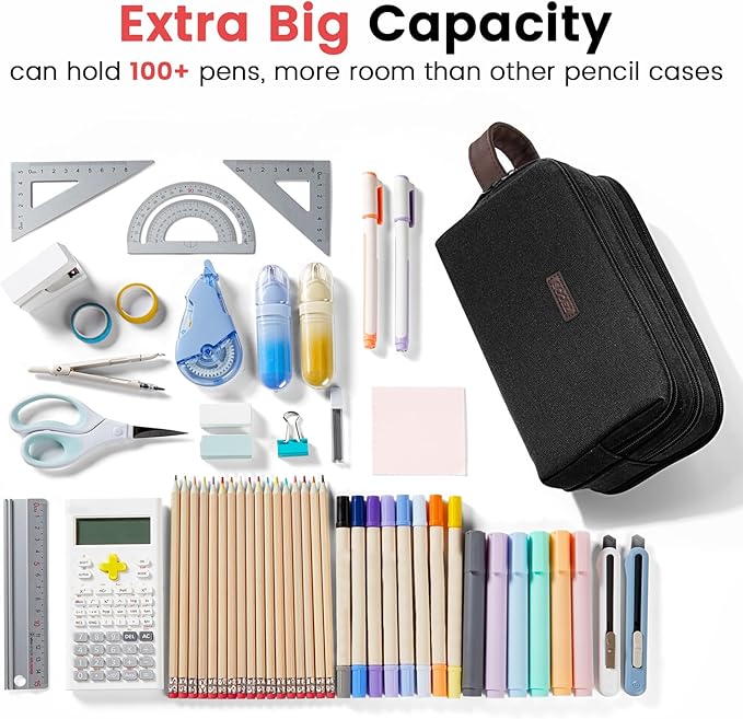 Sooez Large Pencil Case Pouch, Extra Big Pencil Pouch Pencil Bag with PU Handle & Zipper, Sturdy Pen Case with 3 Compartments, Aesthetic School College Supplies Organizer for Men Women Boys, Dark Gray