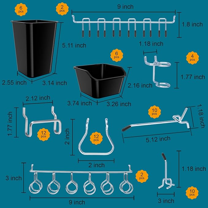 248PCS Pegboard Accessories Organizer Kit,1/8 and 1/4 inch Pegboard Hooks Assortment, Pegboard Bins, Metal Hooks for Hanging Storage (Black Cup)