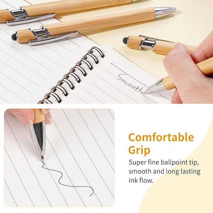 Personalized Pen Bamboo Pen with Stylus -Customizable Text Logo Name Ballpoint Pens with Black Ink-Personalized Gift Ideas for Office School Business Home(10 Count/Pack)