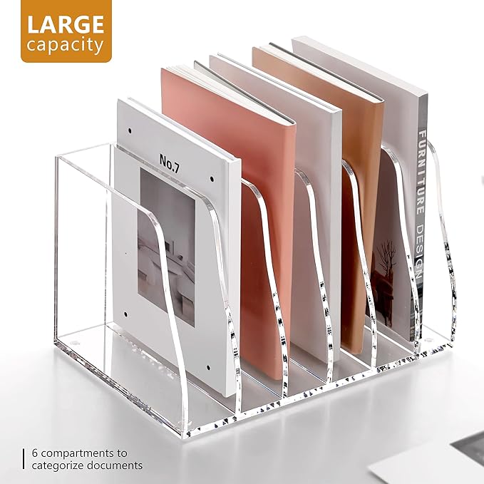 SANRUI Acrylic File Organizer, Compact Desk Organizer for Folders, Binders, Notebooks, Envelopes, Vertical Binder Storage Organizer, 6 Section Bookshelf for School Home Office Organization