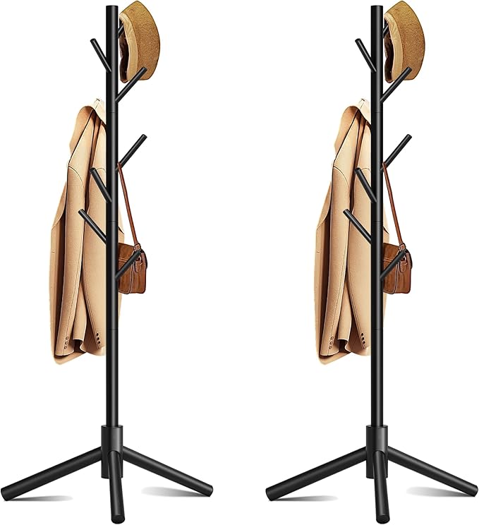 Wooden Coat Rack, Free Standing Coat Rack with 8 Hooks 3 Adjustable Heights for Clothes, Hats, Handbags, Coat Tree Easy Assembly for Entryway, Bedroom, Hallway, Office(2PCS)