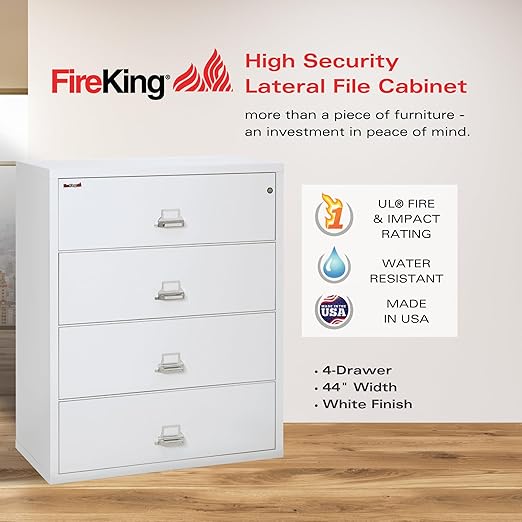 FireKing Fireproof Lateral File Cabinet (4 Drawers, Impact Resistant, Water Resistant), 44" W x 22" D, Arctic White, Made in USA