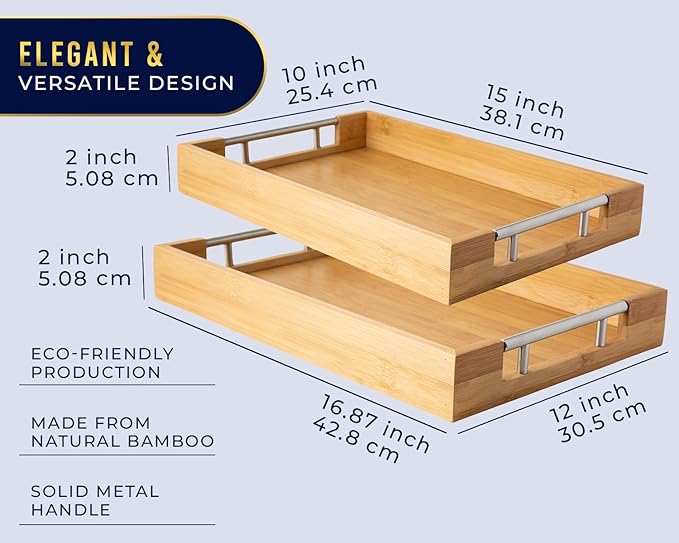 Decorative Bamboo Serving Trays with Silver Stainless Steel Handles – 2-Piece Set for Coffee Table, Ottoman, Breakfast in Bed, Jewelry & Decor Organization – 12"x17" – Pure Bamboo Finish