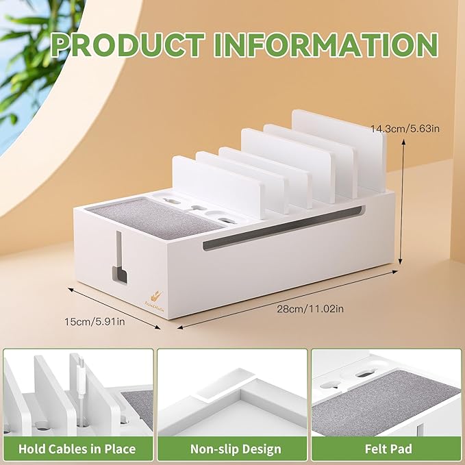 Pezin & Hulin Bamboo Charging Dock Station for Electronic Devices, Docking Organizer for Phone and Tablets, Smart Watch, Earbuds, Power Strip Box (Included 5-Port USB Charger and 5 Cables) -White