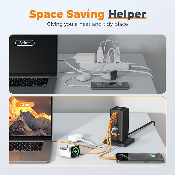 USB C Charger Blcok PD 100W, TESSAN 6-in-1 Charging Station for Multiple Devices, Desktop Tower Charger with 6 USB Ports for iPhone 17/16/15, MacBook, Tablet, Office Home Dorm Room Accessories