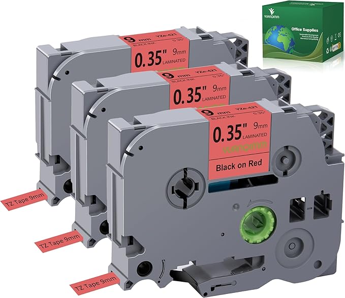 TZe-421 TZe 9mm Red TZ Tape Compatible with Brother PTouch TZ-421 TZe421 TZ421 Label Tape 9mm 0.35 Laminated Black on Red Label Maker Tape for PT D210 D200 H110 1880, 3-Pack