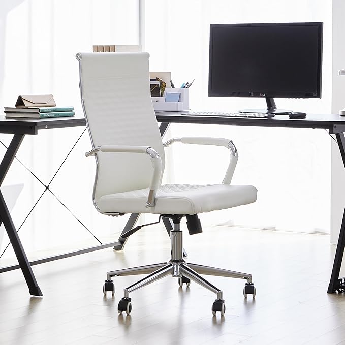 Livinia Modern Executive Office Chair with Patterned Back Design, Chrome & Leather Swivel Chair with High Back, Adjustable Height, Removable Armrests, and Wheels for Home Office (White(Chrome))