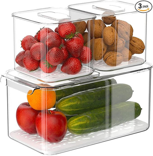 Slideep Food Storage Containers Produce Saver with Lids, Stackable Refrigerator Freezer Organizer Bins with Removable Drain Tray, Fridge Fresh Keeper for Veggie, Berry, Fruits, Vegetables 3 Pack