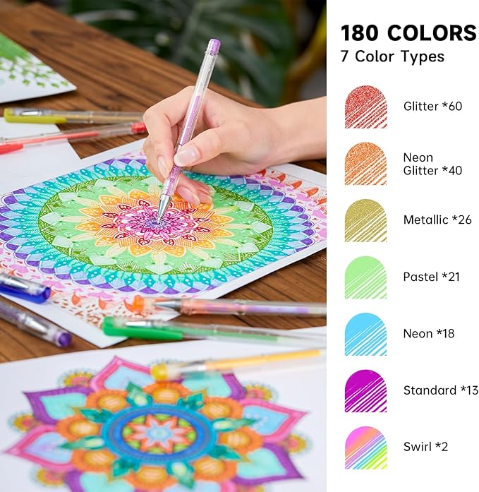 Shuttle Art 360 Pack Gel Pens Set, 180 Colors Gel Pen Set Plus 180 Color Refills Perfect for Adult Coloring Books Doodling Drawing Art Markers