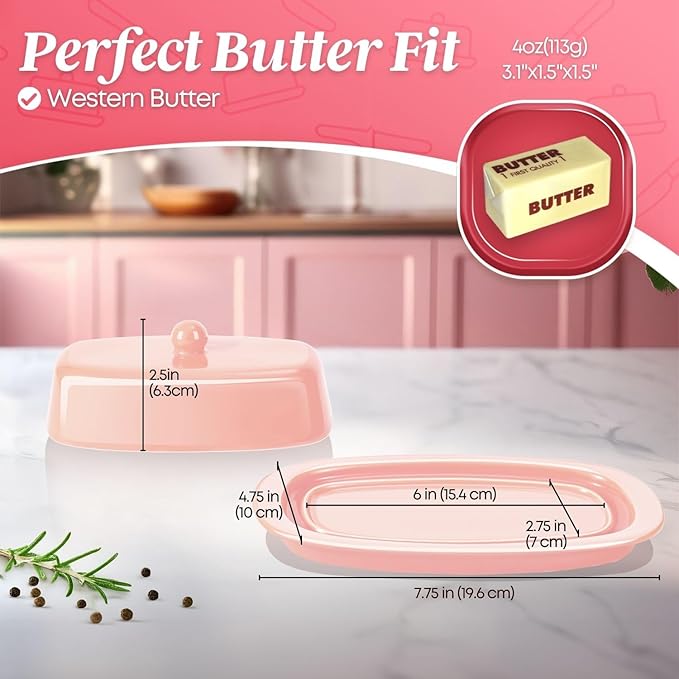 Flexzion Ceramic Pink European Butter Dish with Lid for Countertop (7 Inch) - 1 Stick Butter Holder for Counter, Cream Cheese Container Storage Keeper