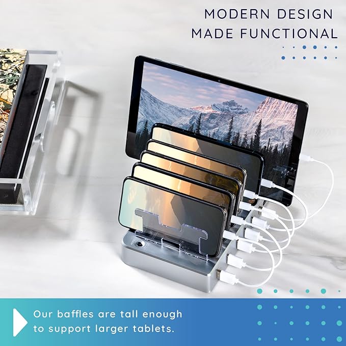 Charging Station for Multiple Devices, with 6 USB Fast Ports, Compatible with Cell Phones, Smart Phones, Tablets, and Other Electronics (Silver)