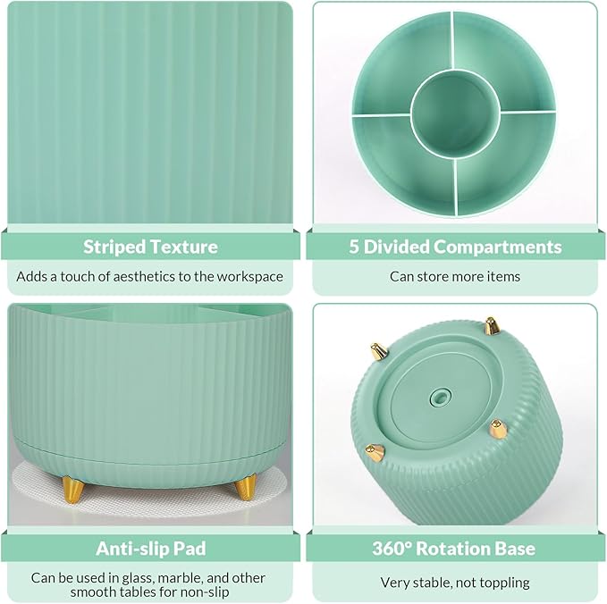 SKYDUE 360 Degree Rotating Desk Organizer, Dual-Purpose Pencil Pen Holder for Desktop, Rotating Desk Pen Organizer with 5 Slots, Pencil Cup for School, Home, Office Supplies (Bean Green)