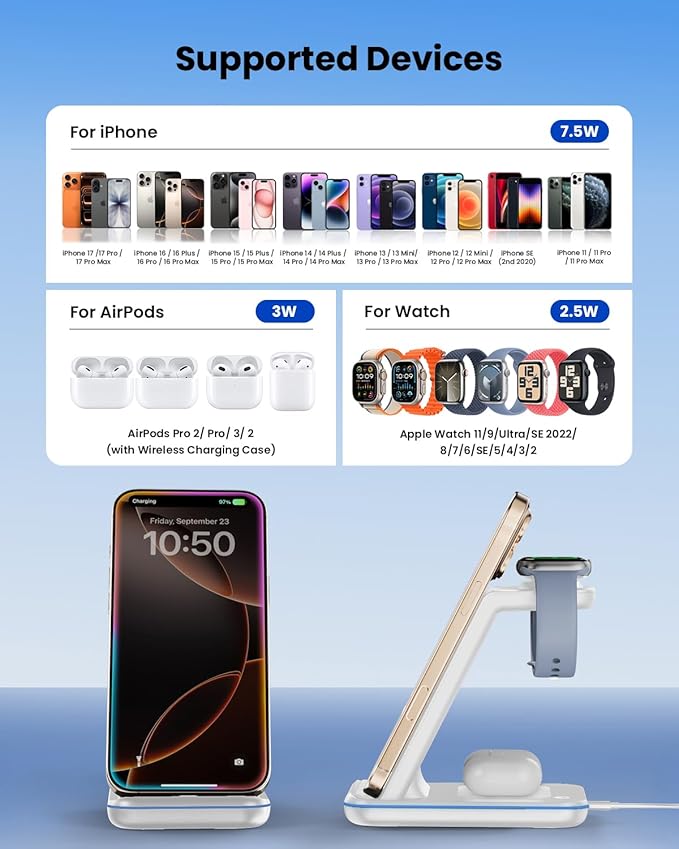 3 in 1 Wireless Charging Station, Wireless Charger Stand for Multiple Apple Devices, Wireless Charger for iPhone 17 16 15-11 Pro Max XS XR 8, Apple Watch 11 9 8 7 6 SE 5 4 3 2, Air Pods 3/2/Pro