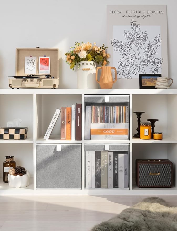 StorageWorks 13x13 Storage Cubes, Closet Storage Bins with Clear Window, Large Fabric Organizer for Clothes, Collapsible Storage Baskets with Handles, Gray, 3-Pack