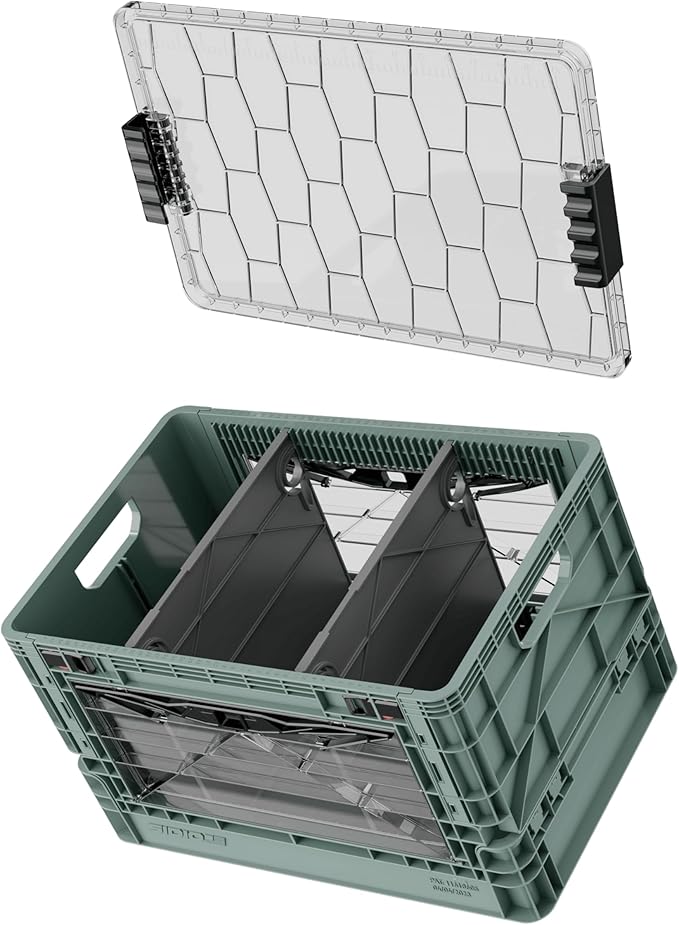 SIDIO Full-Size Collapsible Crate - Heavy Duty Stackable Storage Bin with Lid & 2 Short-Ways Dividers, Durable Plastic Organizer for Home, Office, Garage & Outdoor Use (Aircraft)
