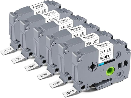Replace for Brother Label Maker Tape TZe-231 TZe231 12mm 0.47 Laminated White Tz Tape Compatible with P Touch TZe 1/2" Black on White for PT-D220 D210 H110 D200 D400 1280 1880 D610BT Refills, 6-Pack