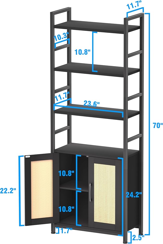 Rattan Bookshelf with Doors,70" Tall Bookcase with Storage Cabinet,6 Tier Book Shelf for Living Room/Bedroom/Home Office/Kitchen,70"(H)*26"(L)*11.8"(W)