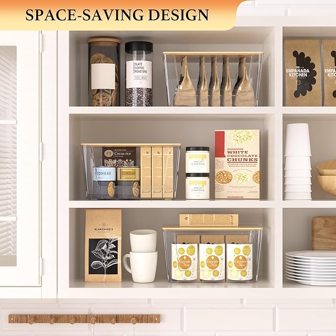 2 Set Pantry Organizers and Storage - Clear Stackable Bins with Bamboo Lid for Fruit, Onion, Potato, Vegetable - Trash Bag Holder Dispenser Under Sink Organizer for 4-13 Gal Bags