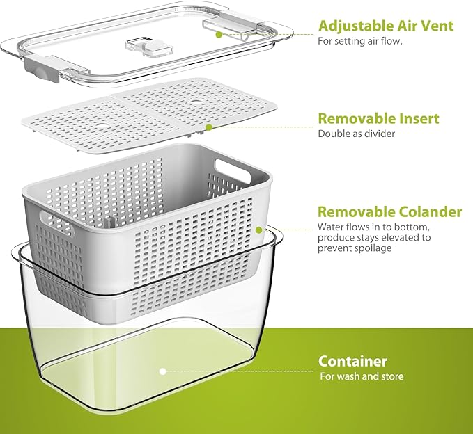 LUXEAR Fresh Container, 3PACK Produce Saver Container BPA Free Fridge Organizer for Vegetable Fruit and Salad Partitioned Food Storage Container with Vents Stay Fresh Containers Not Dishwashers Safe