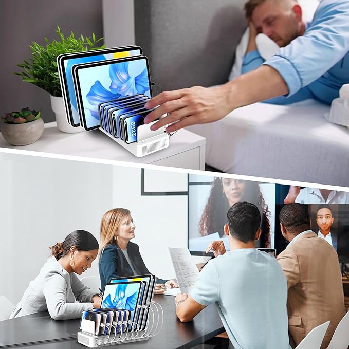 Charging Station for Multiple Devices, 100W 10 Ports Charging Dock with 10 Cables Smart IC Tech and Adjustable Dividers Type-C，Multi USB Charger for iPhone Galaxy iPad Tablet，White