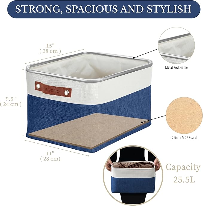 DECOMOMO Storage Baskets for Shelves - Fabric Storage Bins, Linen Closet Organizers and Storage (Navy Blue & White, Large - 3 Pack)