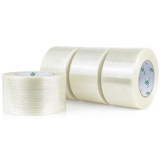 BOMEI PACK Fiber Reinforced Packing Tape 3 Inch, Heavy Duty Wide Strapping Tape, 4Rolls x 5.9Mil x 60Yds, Total 240Yds