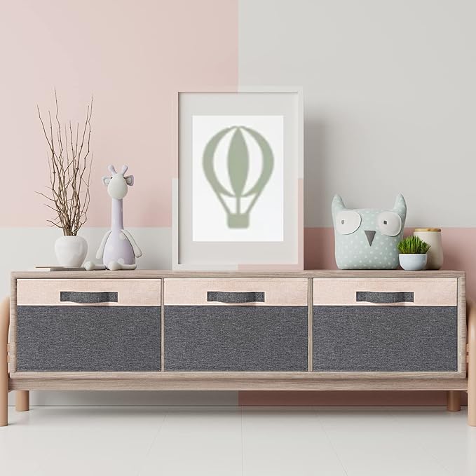 GhvyenntteS Large Fabric Storage Bins for Shelves with 3 Handles, 15x11x9.6 Inch Closet Storage Bins, Sturdy Foldable Storage Baskets for Shelves Closet Bedroom Living Room Office (Beige, Set of 3)