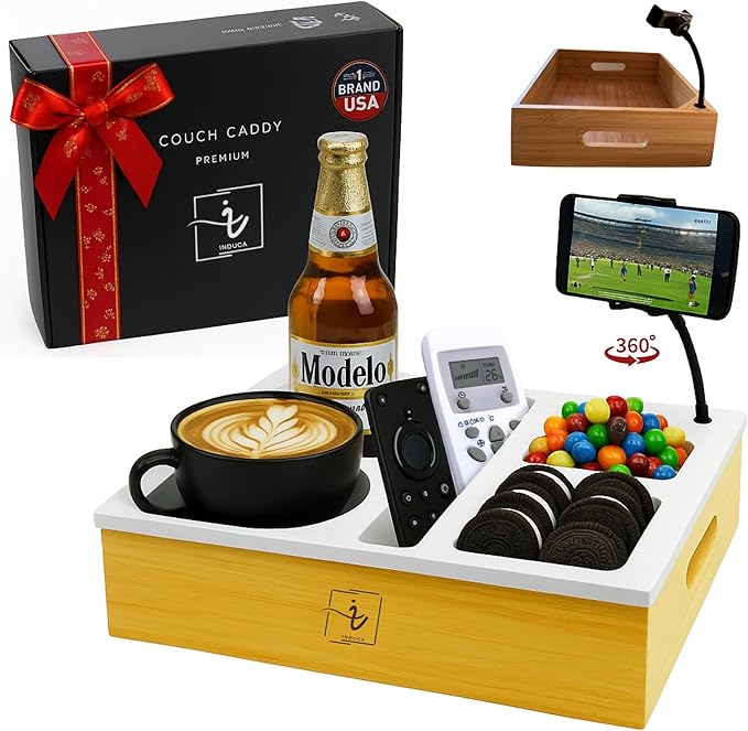 Couch Caddy with Cup Holder | Bamboo Couch Cup Holder Tray for Drinks, Snacks & Remotes | Couch Tray for Bed, Car Seat & Beach Organizer (White)