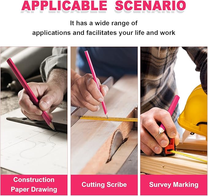 Honoson 200 Pcs Flat Construction Pencils with Printed Ruler Wood Graphite 2 Pcs Carpenter Pencil Sharpener for Woodworking Marking Tool(Pink)