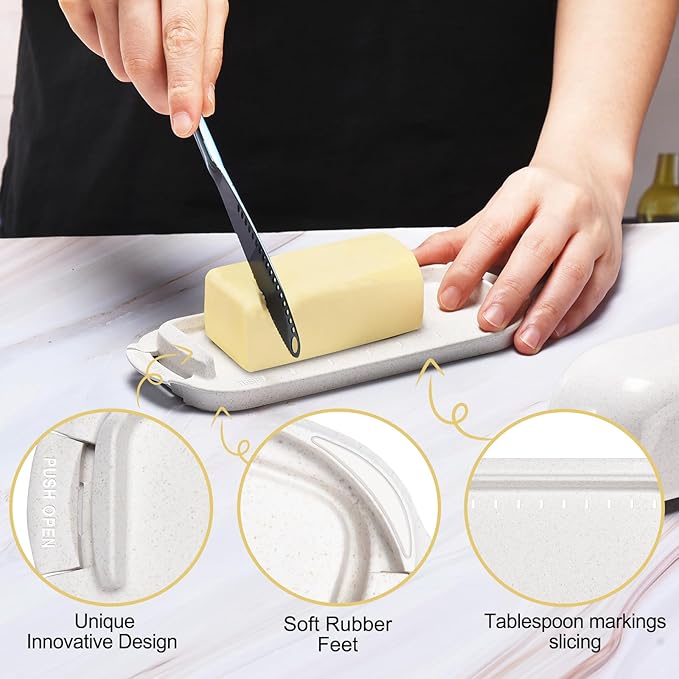 AONCO Butter Dish, Beige Wheat Straw Butter Container Holds with Lid for Countertop, Unbreakable Reusable Butter Keeper for Home Kitchen Decor, Perfect for East/West Coast Butter, Eco Friendly