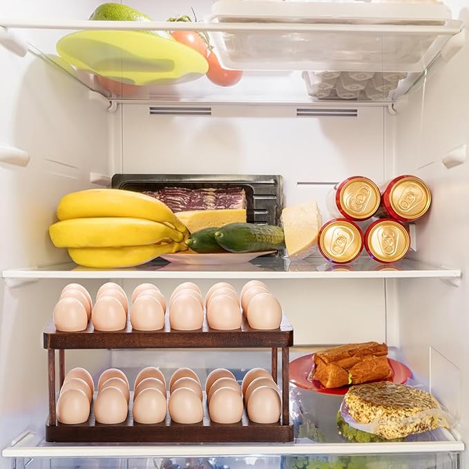 YOUEON Acacia Wooden Egg Holder with Double Layers, Detachable Wooden Egg Tray Holds 36 Fresh Eggs, Countertop Storage Rack for Gathering Fresh & Easter Eggs, Rustic Decor