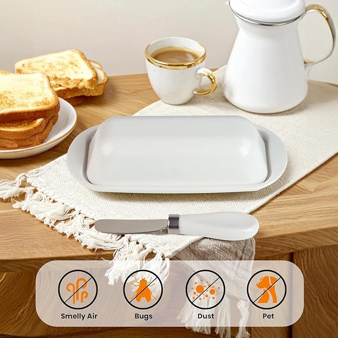 Butter Dish with Lid and Knife, Durable Countertop & Fridge Butter Keeper, BPA-Free Melamine Butter Container, Dishwasher Safe, Fits East/West Coast Butter Sticks (White)