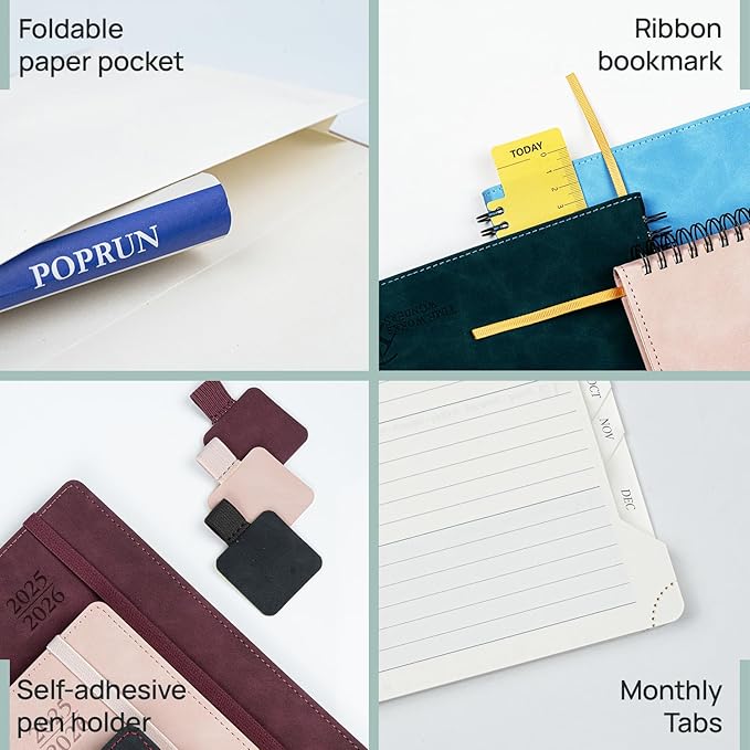POPRUN Planner 2025-2026 Weekly Notebook (Medium 6.5''x 8.5'') Academic Calendar (JUL.25 - JUN.26) Appointment Book with Monthly Tabs, Leather Soft Cover, Inner Pocket, 100 GSM - Brown