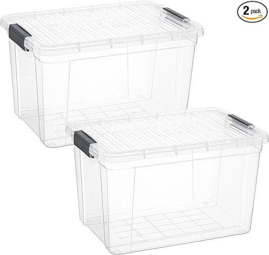 Superio Clear Storage Boxes with Lids, 26.5 Quart Plastic Container Bins for Organizing, Stackable Crates, BPA Free, Non Toxic, Odor Free, Organizers for Home, Office, School, and Dorm