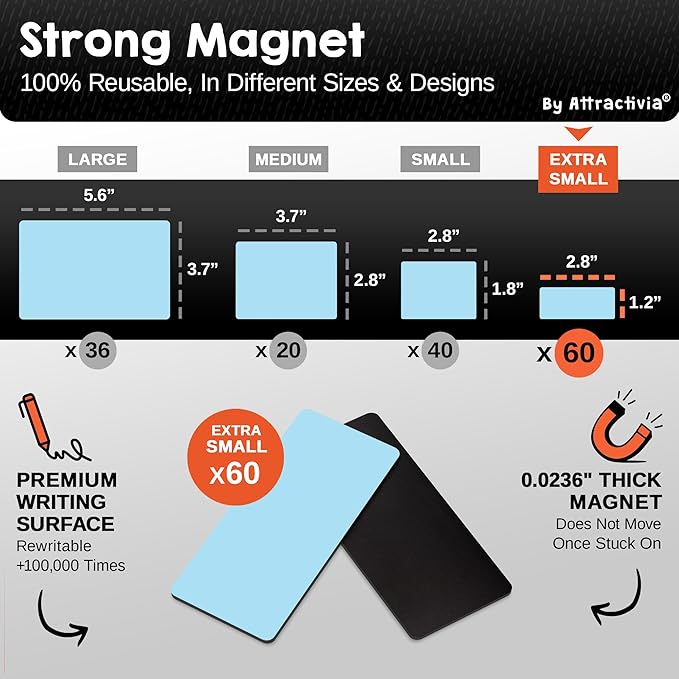 Dry Erase Magnetic Labels 2.8 x 1.2 in, Solid Colors, Dry Erase Magnets, 60-Pack, Colored Erasable Write-On All-Purpose Labels, for Office, Education, Home, Whiteboard