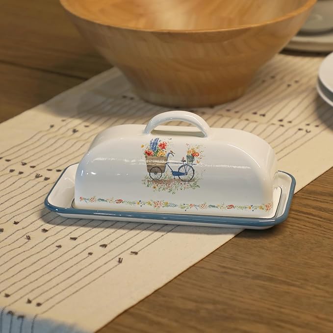 Enamel Butter Dish with Lid Vintage Enamelware Butter Keeper with Flower and Bird Patterns Farmhouse Butter Container Butter holder for Countertop Kitchen Decor Blue