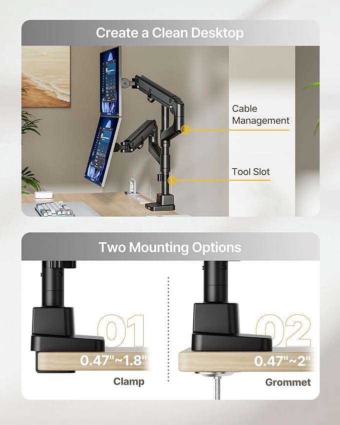 monTEK 17-57 Inch Dual Ultrawide Monitor Arm for Up to 59.4lbs Screen, Aluminum Heavy-Duty Gas Spring Vertical Stackable Curved Screen Adjustable Monitor Stand,75/100mm Vesa Mount, Black