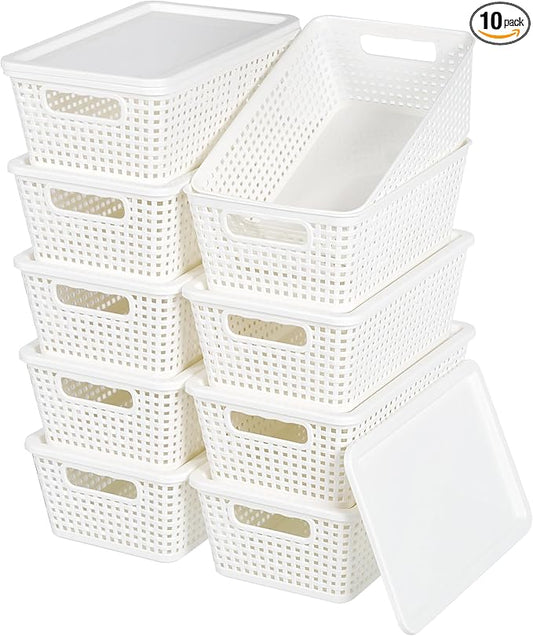 Plastic Storage Baskets With Lid, Storage Bins for Organizing, Stackable Decorative Containers for Shelves Drawers Desktop Closet Playroom Classroom Office, 10 Pack-White