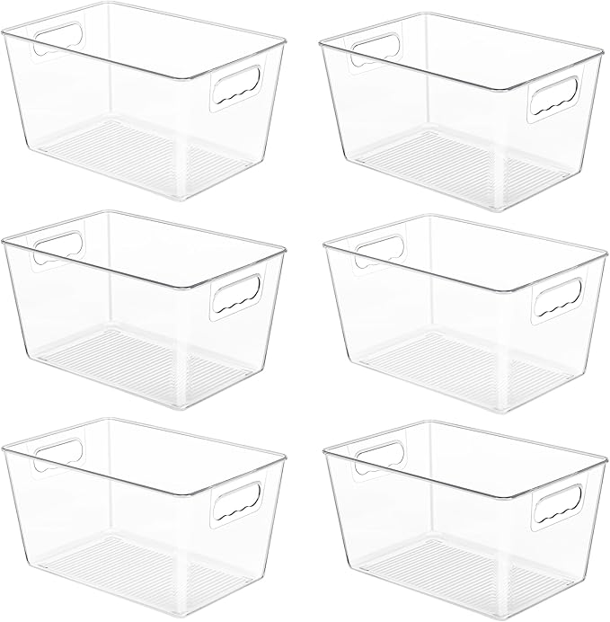 YIHONG 6 Pack Clear Pantry Organizer Bins, Plastic Containers with Handle for Kitchen,Freezer,Cabinet,Closet,Bathroom Under Sink Storage