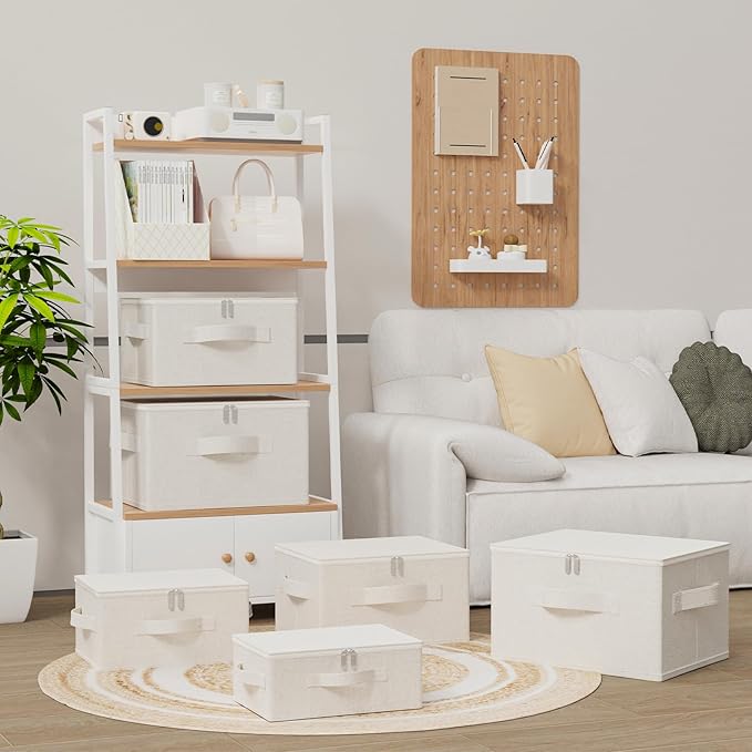 Fabric Underbed Storage Bins with Lid, Foldable Cube Organizer, Home Wardrobe Containers Box for Organizing Clothes, Shoes, Blankets, Pillows, 19.6x15.7x11.8Inches, Beige, 2 Pack